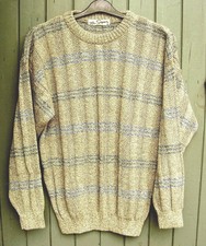 TOM SAYERS FAWN & BLUE COTTON MIX FANCY KNIT WINTER WEIGHT JUMPER. SIZE: MEDIUM