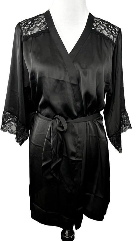 H&M Robe Black Satin Lace size XS S Tie Waist Kimono Loungewear Lingerie Pinup