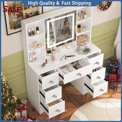 White Makeup Vanity Desk With Smart LED Open Mirror & 7 Drawers Dressing Table