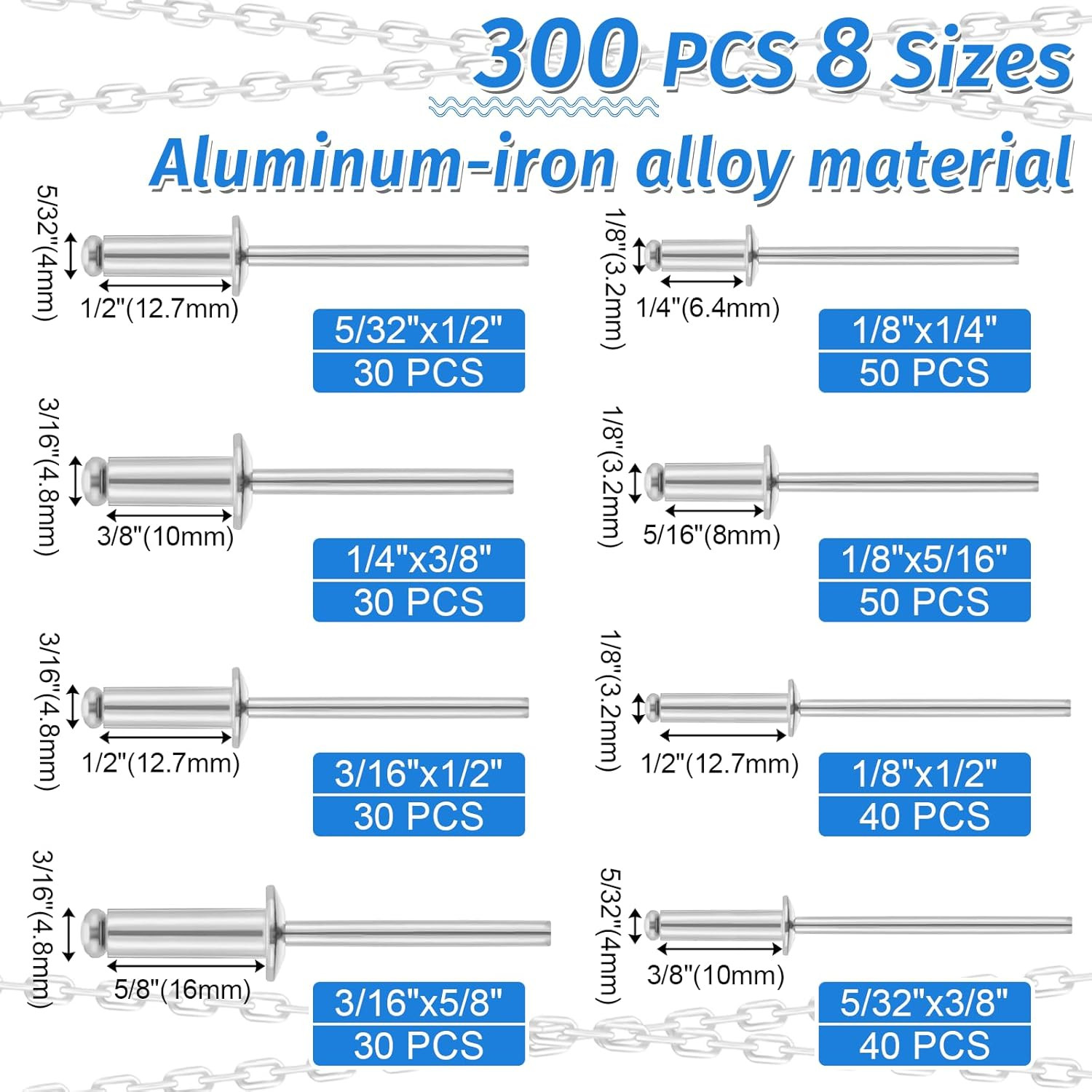 600Pcs Pop Rivets with Washer Assortment Kit, 8 Size Aluminum Blind ...