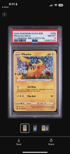 2020 Pokemon SWSH Pikachu Holo General Mills 25th Anniversary PSA 8 NM-MT #039
