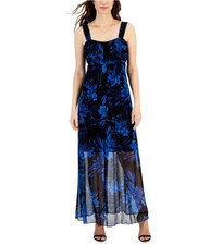 Connected Womens mesh overlay Pleated Maxi Empire Dress, Blue, 4