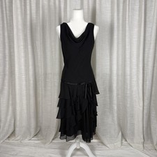 Liz Claiborne Dress Womens 8 Black Cowl Neck Ruffle Tiered Chiffon Midi Party