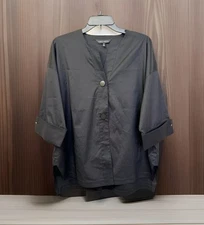 Ming Wang Women’s LARGE Classic Black Snap Front Blouse Top Tunic Cuff Sleeves