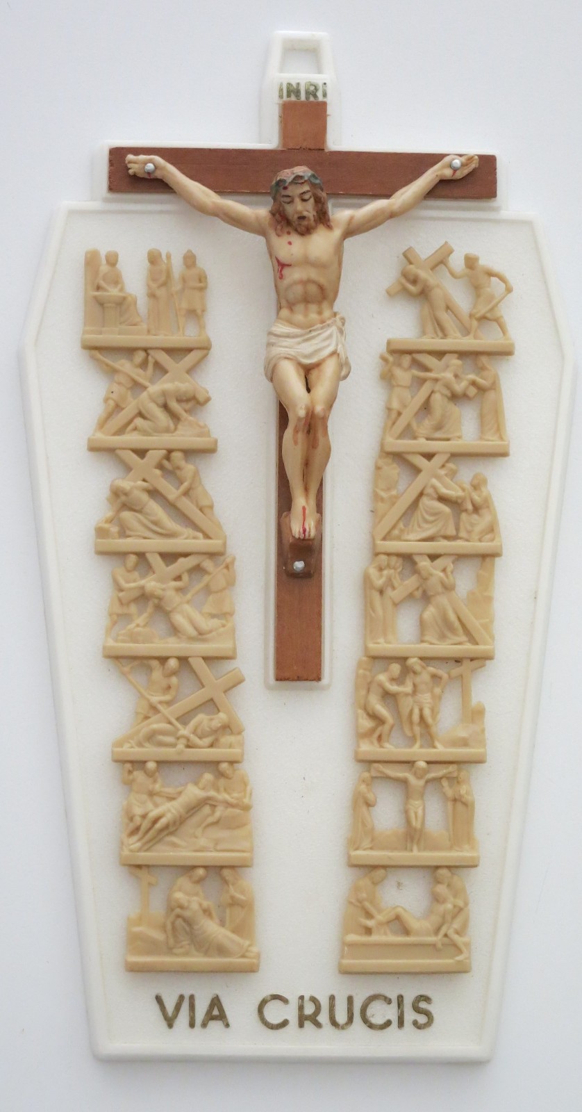 Crucifix JESUS Plaque VIA CRUCIS 14 Stations of Cross Wood Cross Italy VINTAGE
