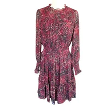 Taylor Women's Black Maroon Print L/S Chiffon Smocked Waist Dress 8 Bohemian