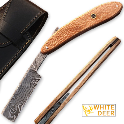 WHITE DEER Damascus Steel Straight Razor w/ Olive Wood Handle Hand Shaving