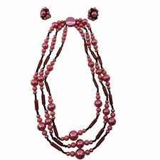 Vintage Three Strand Pearlized Pink And Black Necklace And Earring Set Japan