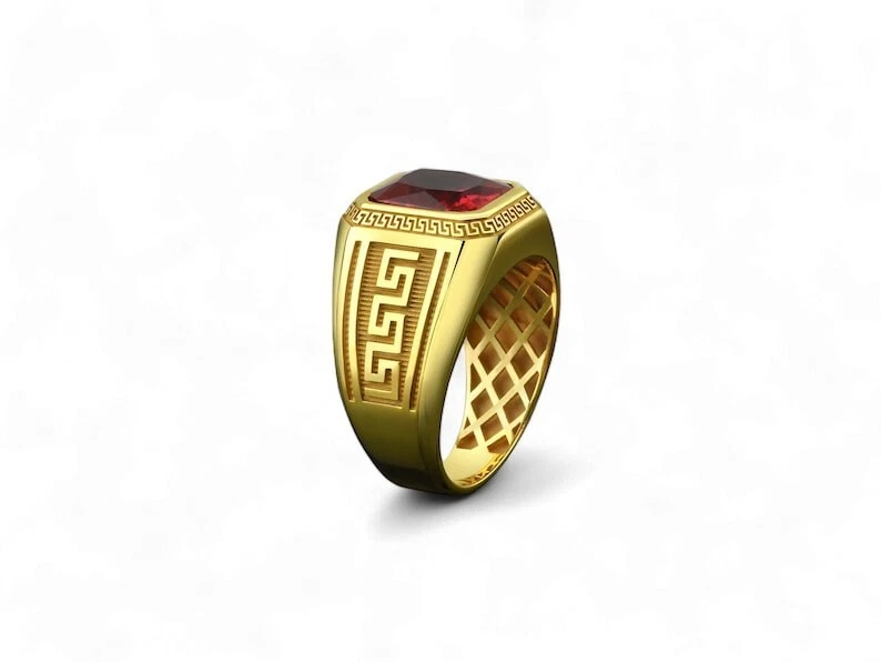 Men's Gold Ring with Ruby Gemstone | Greek Key Design Signet Ring Silver Ring - Image 2 of 4