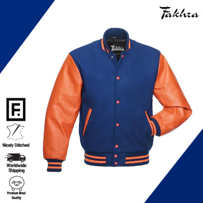 Varsity Letterman Baseball Jacket Genuine Orange Leather Sleeves and Royal wool