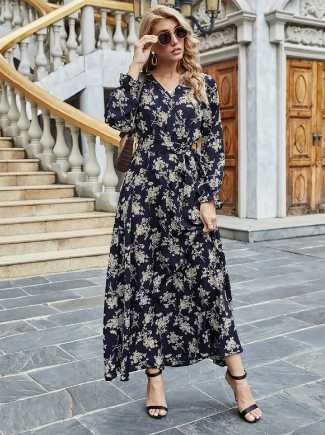 navy and cream floral dress