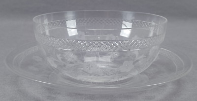 Stourbridge Engraved Floral & Cut Diamond Band Finger Bowl & Under Plate C. 1890