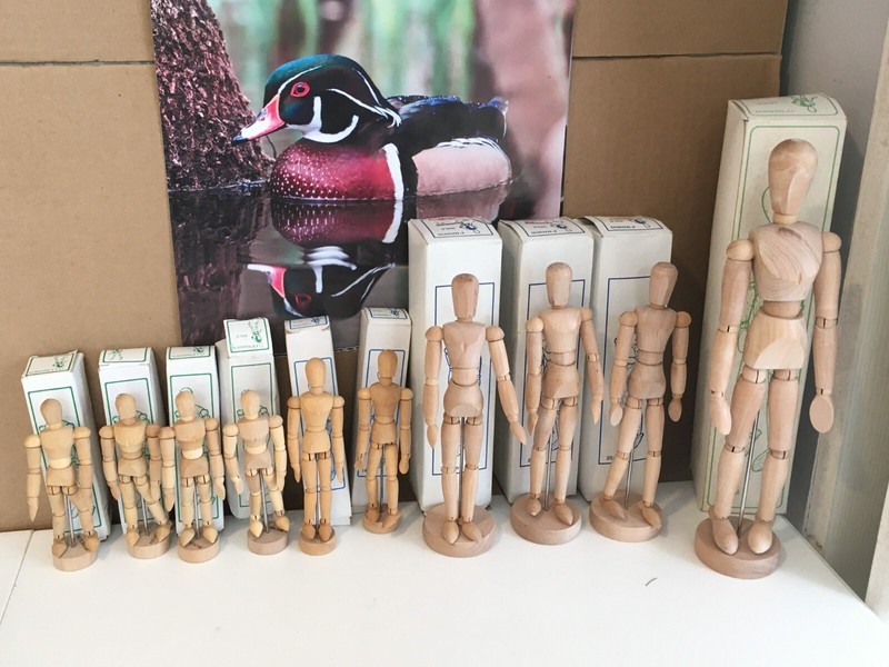 WOODEN MANIKINS - TEN - NIB - 4.5" [4], 6" [2], 8" [3], 12" [1] - FREE SHIPPING
