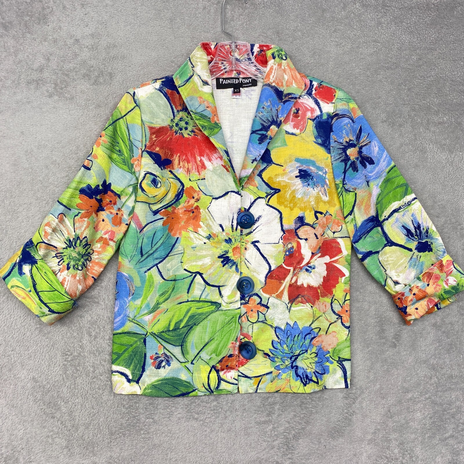 Giacca pony vintage dipinta donna XS blu floreale bottoni scollo V cotone USA