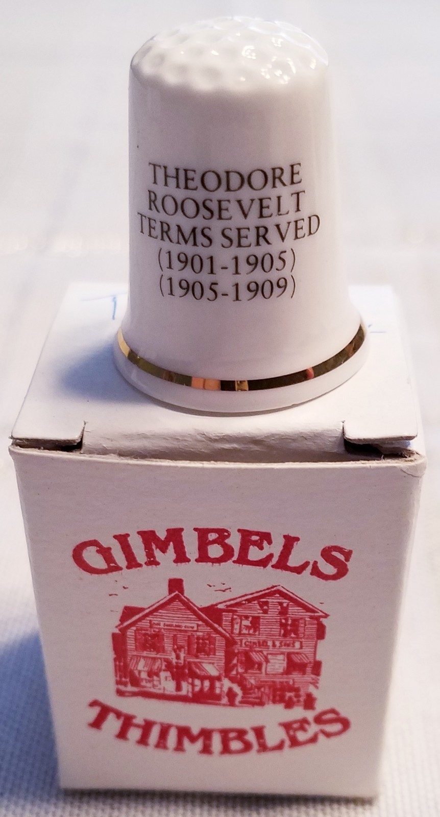 Gimbels Thimbles Porcelain Thimble of "Teddy" Theodore Roosevelt in Box