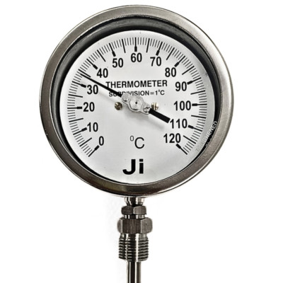 ''Ji'' Bimetal Dial Thermometer, 4'' Dial, 0 120°C, 12'' Stem, Bottom Entry, SS