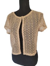 Nina Leonard Coquette Y2K Crochet Boxy Top in Tan Size S/M