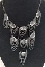 Gothic Bib Necklace 3 Tiers Draping Multi Black Metal Chains Faux Oval Stones