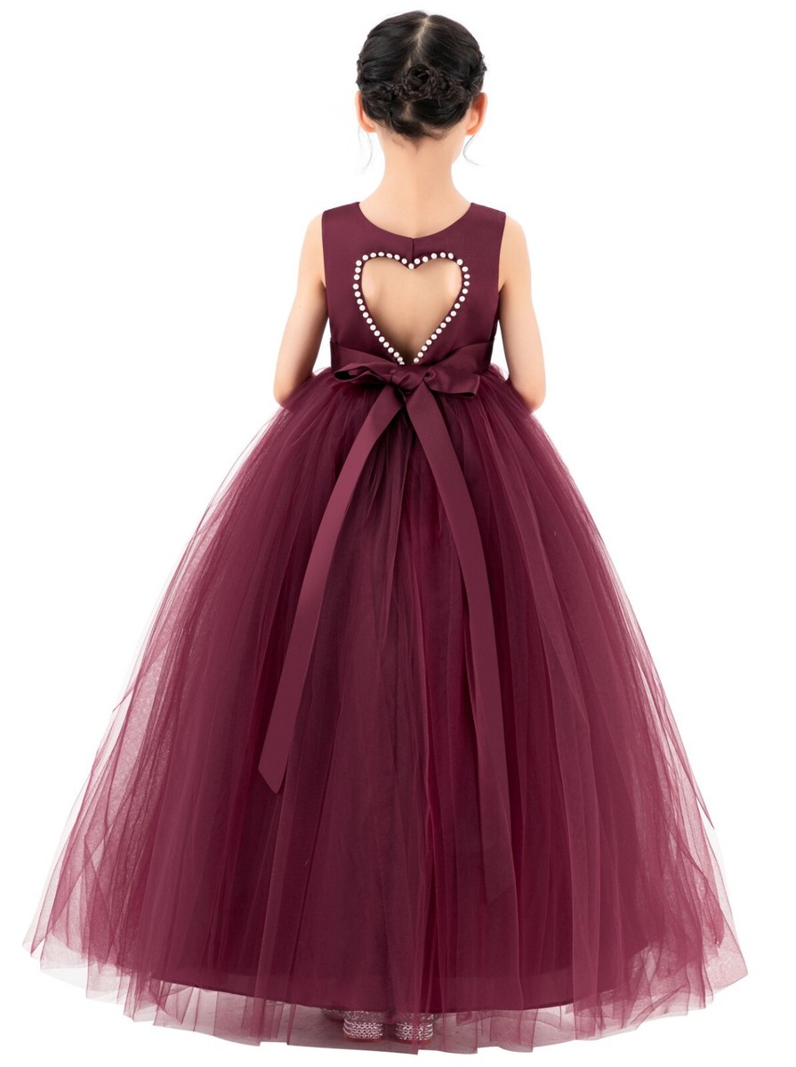 Satin Heart Cutout Flower Girl Dress with Pearl Beaded Trim