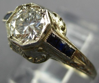 ANTIQUE .60CT OLD MINE DIAMOND & AAA SAPPHIRE 14KT WHITE GOLD 3D ENGAGEMENT RING