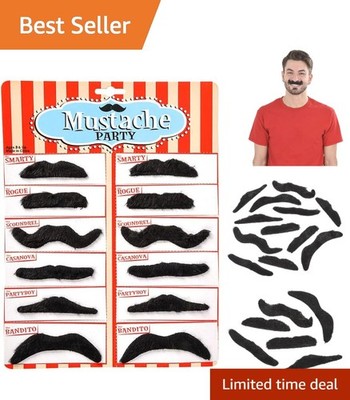 Pack of 12 Self-Adhesive 3.5'' Black Fake Mustaches for Fun Costume Parties
