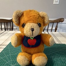 Fisher-Price 418 Vintage Plush Bear Stuffed Toy Medium 1975 Apple Bib W Squeaker