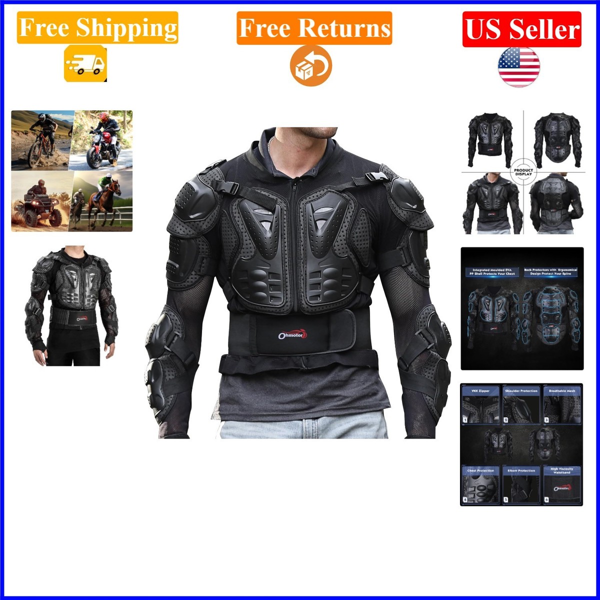 Adult Black 3XL Motorcycle Body Protective Jacket with Armor for
