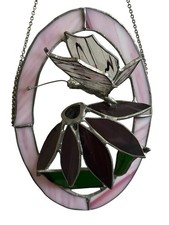 Hanging Suncatcher Oval 3D Stained Glass Flower  Butterfly Purple 8.5" READ