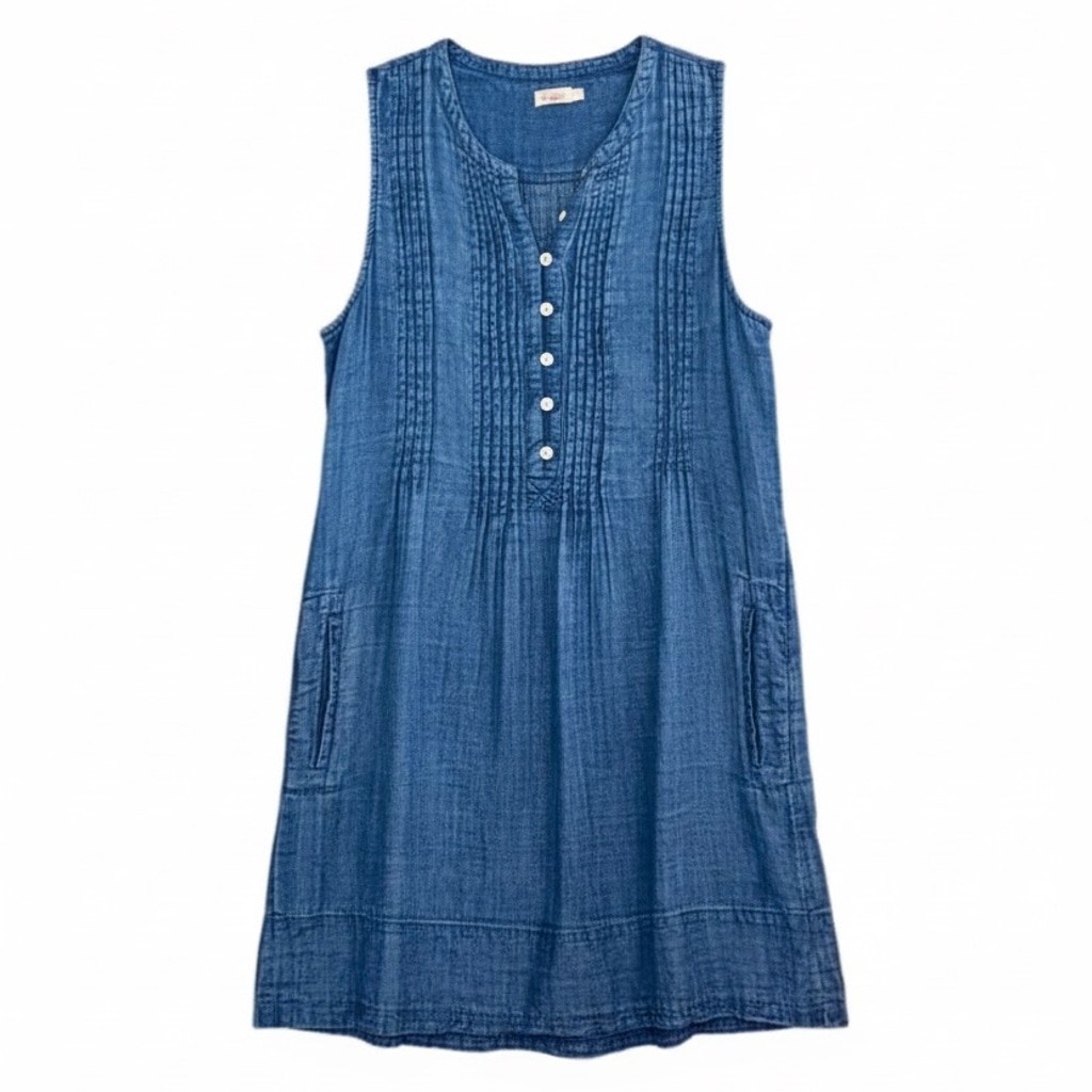 Faherty Blue Organic Cotton Pintuck Sleeveless Dress Large, Pockets