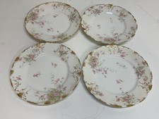 Antique Haviland Limoges Porcelain Set of 4 Plates w/ Pink Floral & Gold Trim