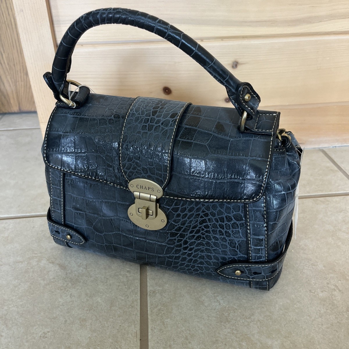 Ralph Lauren Crocodile Embossed Top Handle Bag Blue Gray Gold 