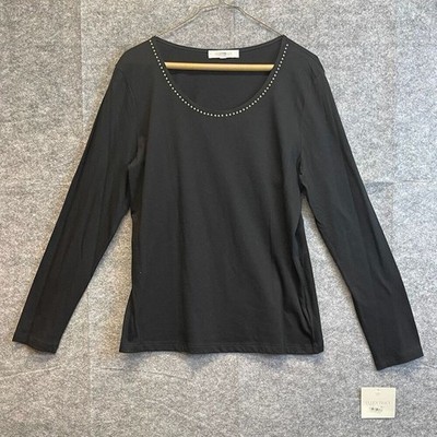 NWT Ellen Tracy Long Sleeve Top Women's Size Large Black Studded Scoop Neck