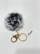 Women's Purse Fluffy Fur Pom Pom Keychain Gray Gold Bag Charm