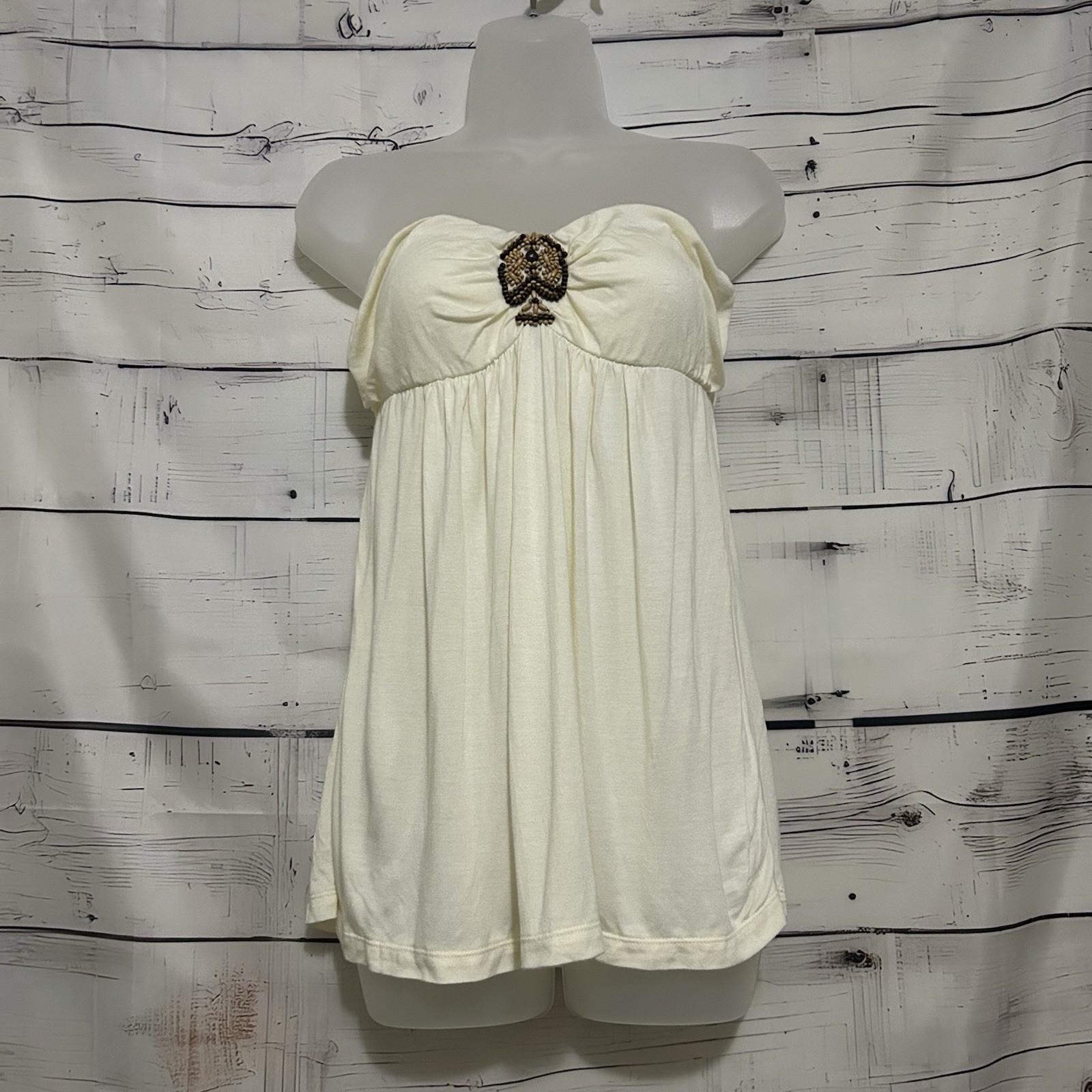 Santiki | Women's Y2K Strapless Tube Top Cream Wood Beads Size M Medium