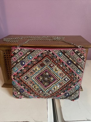 La Sera By Franchi Beaded Clutch - Tapestry  And Glass Beads And Chain Strap