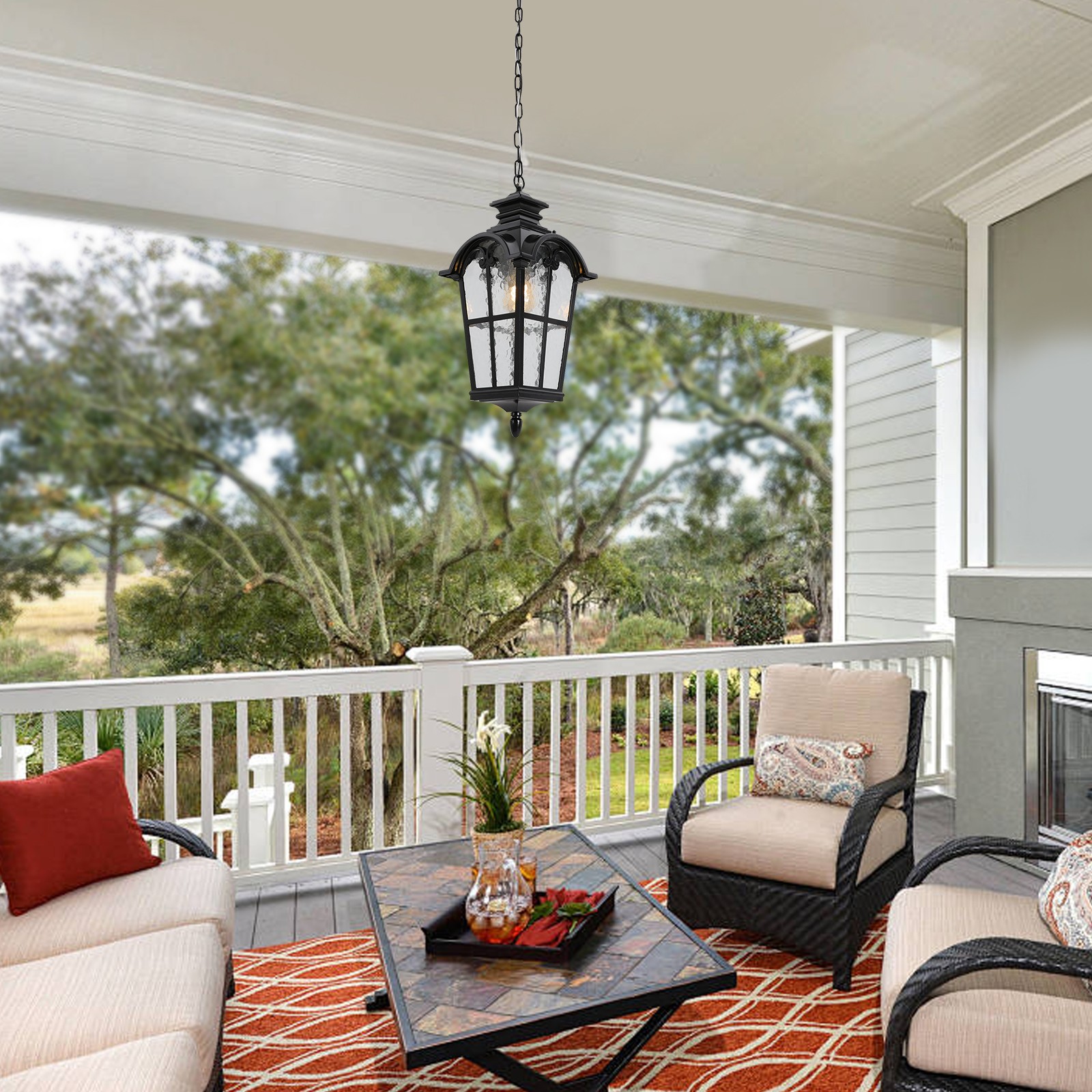 Farmhouse Outdoor Light Fixtures, Hanging Light with Seeded Glass, Black Finish