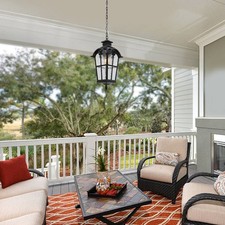 Farmhouse Outdoor Light Fixtures, Hanging Light with Seeded Glass, Black Finish