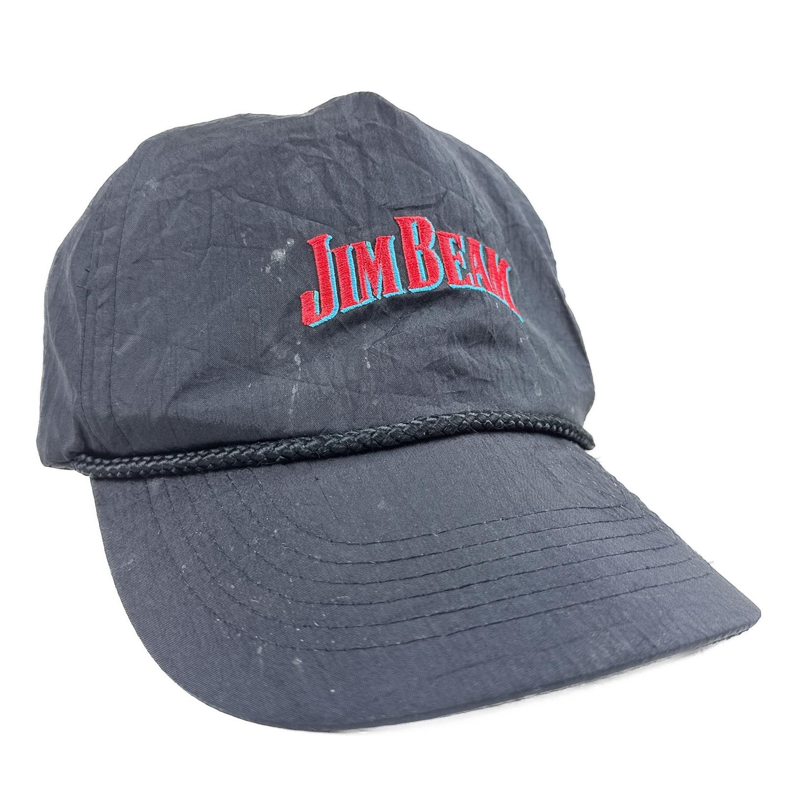 Vintage 90’s Jim Beam Nylon Trucker Rope Hat Black Snapback Cap Embroidered Logo