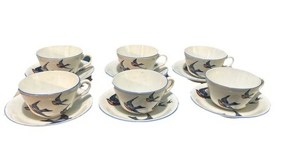 Buffalo China BlueBird Tea Cup & Saucer Set 1919 Vintage Pottery Collectible