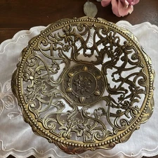VTG Italian Brass Ornate Filigree Bowl Tray Mid Century Arabesque Floral 10”