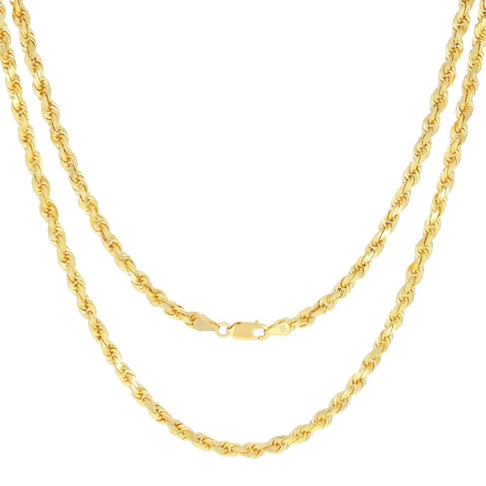 Collar de eslabones de cadena de cuerda con corte de diamante de 4 mm de oro amarillo de 10 quilates para hombre y mujer 22"