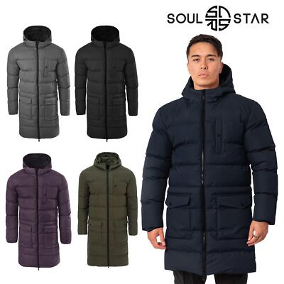 Soul Star Mens Long Coat Puffer Hooded Jacket Padded Winter Warm Coat for Men UK