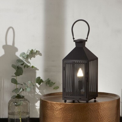 Industrielle schwarze Metall Laterne Deko Geflecht Tischlampe Innen Haus Beleuchtung