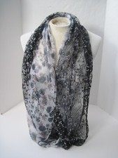 Infinity Loop Neck Scarf Sheer Black Gray Silver Glitter  Black Flowers