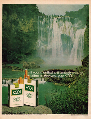 Kool Filter Kings Mild Menthol Cigarettes Water Fall Green Vintage Print Ad  1971