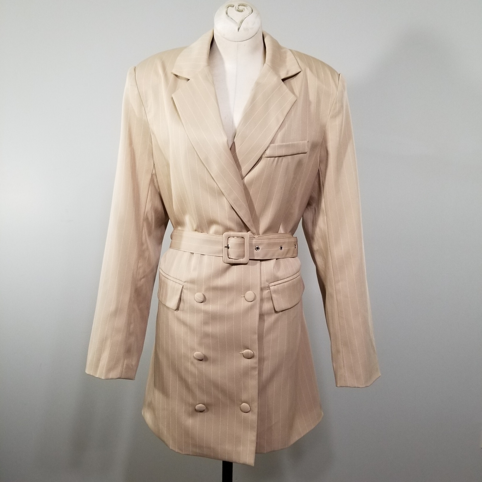 Nasty Gal Collection Beige Pinstripe Belted Blazer Jacket Mini Dress Womens 4 image 3