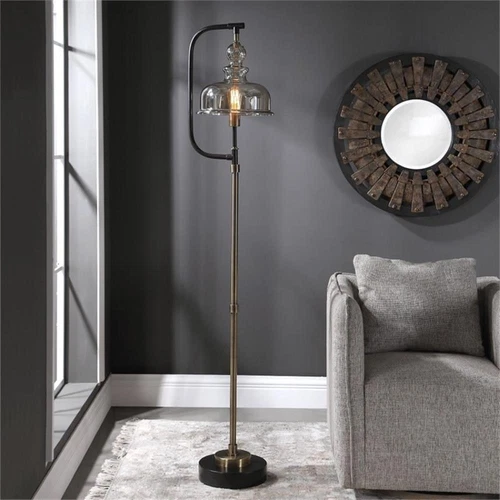 Uttermost Elieser Contemporary Steel and Glass Floor Lamp in Antique Brass - Picture 2 of 8
