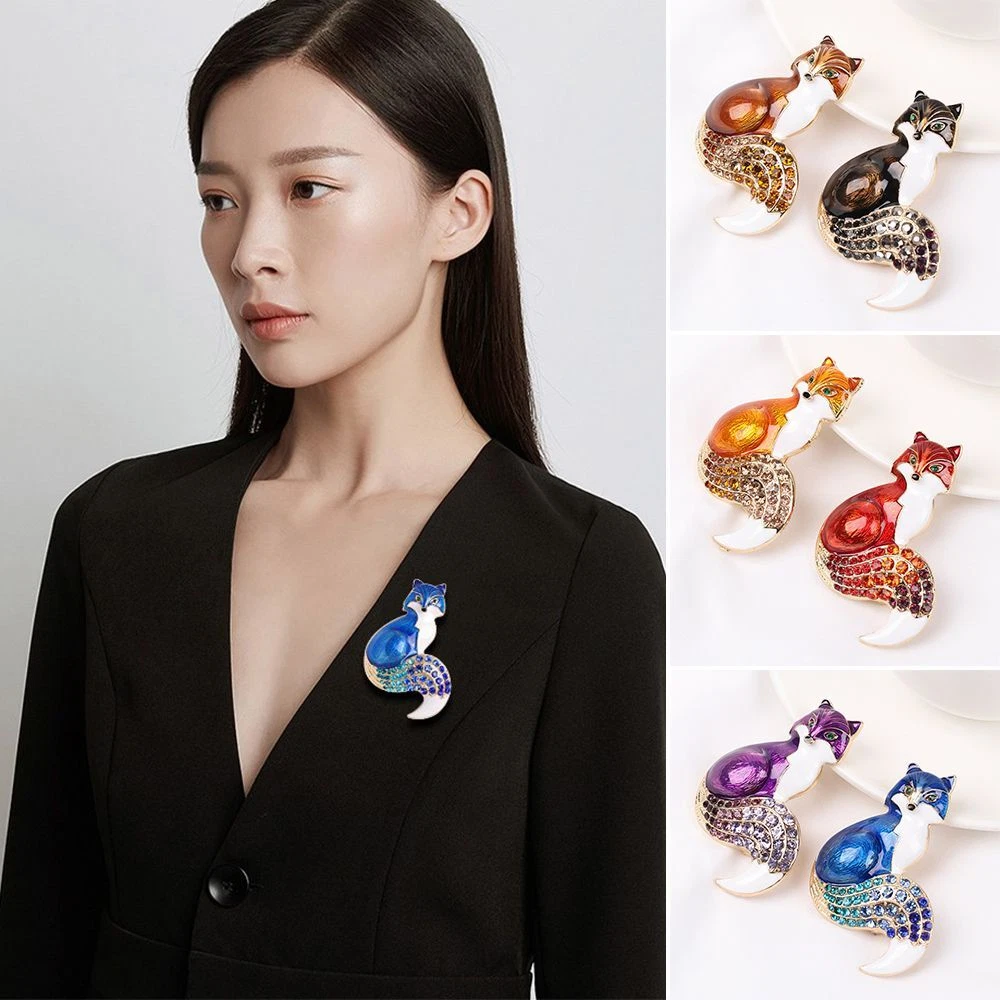 Women Gift Rhinestones Enamel Corsage Fox Brooches Animal Pins