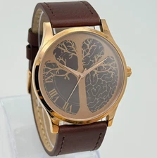 New Men's TIME PEACE Tree of Life Rose Gold Tone Watch, Brown Leather, 40mm