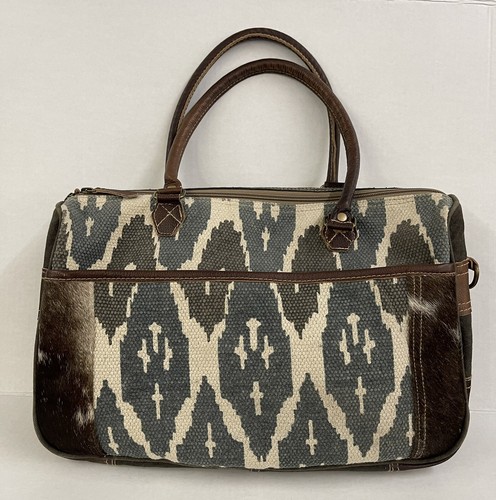 Myra Upcycled Canvas & Cowhide Leather Weekender Bag – Unique Eco-Friendly Travel Tote S-1275 - View #3